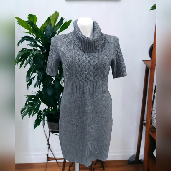 LOFT Gray Sweater Dress Size Large Turtleneck  Wool Cotton  Blend Short Sleeve - Picture 1 of 12